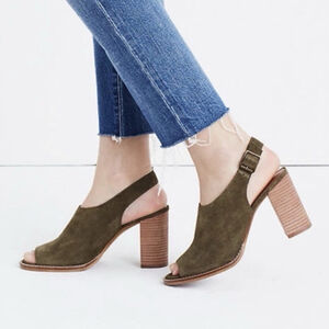Madewell Cary Slingback Sandal Sz 7 Olive Green Suede Stacked 3.5" Block Heel